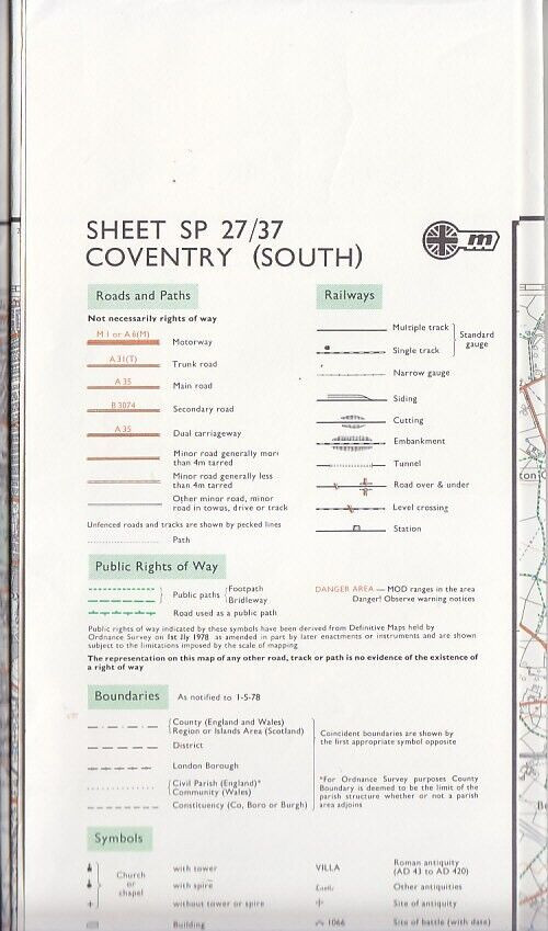 Ordnance Survey OS 1:25,000 Pathfinder Map Sheet SP 27/37 Coventry (South)