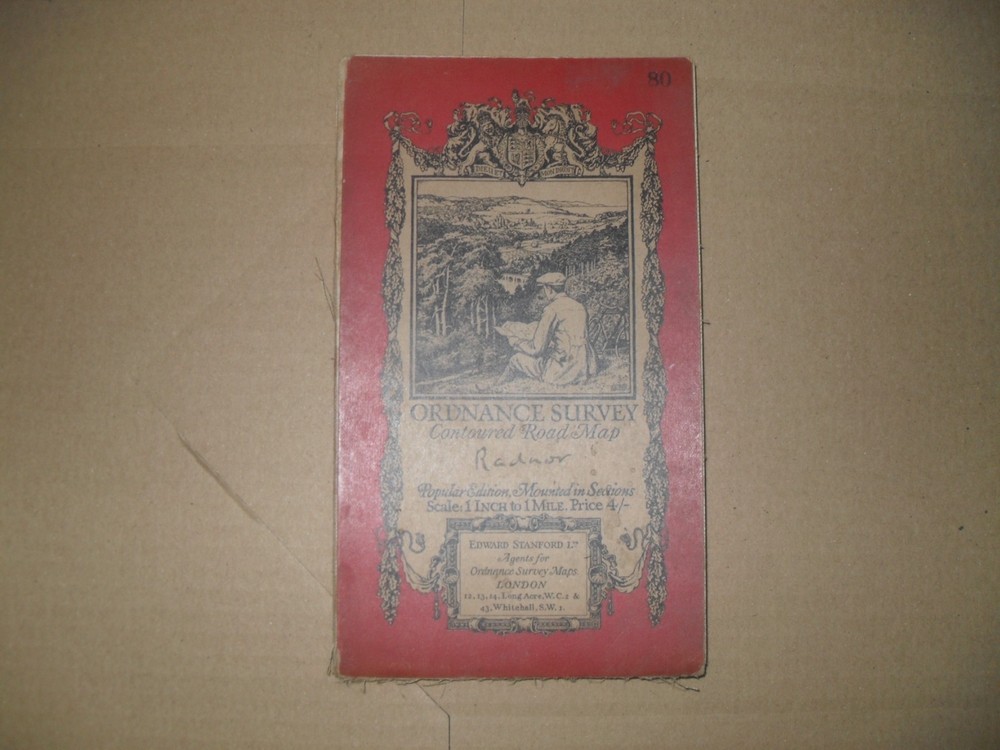 RADNOR ORDNANCE SURVEY CONTOURED ROAD MAP. VERY OLD CLOTH EDITION.