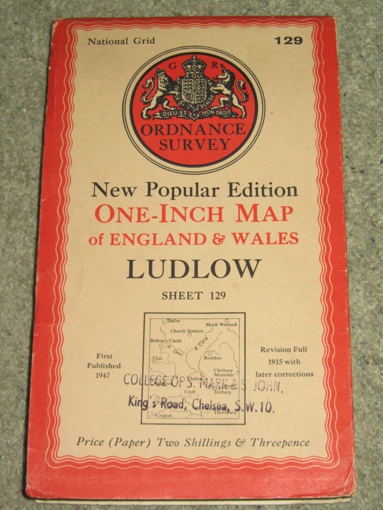 OS Ordnance Survey 1″ New Popular Edition 129 Ludlow – 1947 on paper