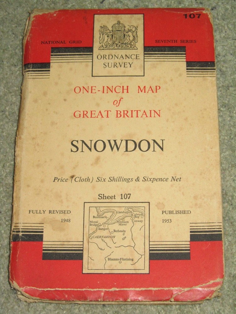 OS Ordnance Survey 1″ Seventh Series 107 Snowdon – 1953 edition on cloth
