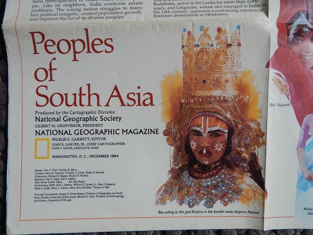 PEOPLES OF SOUTH ASIA & MAP ,NATIONAL GEORAPHIC MAGAZINE DOUBLE SIDED 1984
