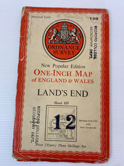Vintage Popular One Inch Ordnance Survey Map Sheet 189 Land’s End, 1946 Paper
