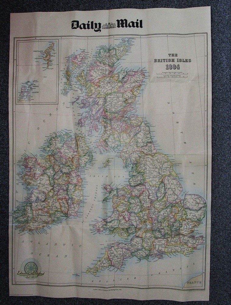 DAILY MAIL LARGE 23″ x 33″ BRITISH ISLES MAP 1884 & 2016 ON CALICO TYPE PAPER