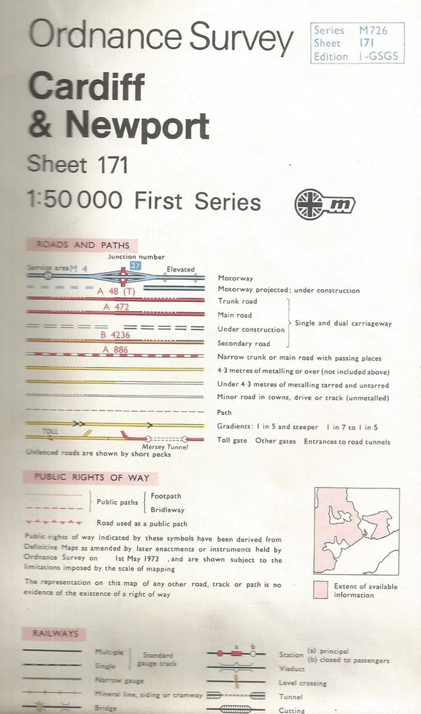 OS 1:50,000 First Series map 1974 – Sheet 171: Cardiff and Newport