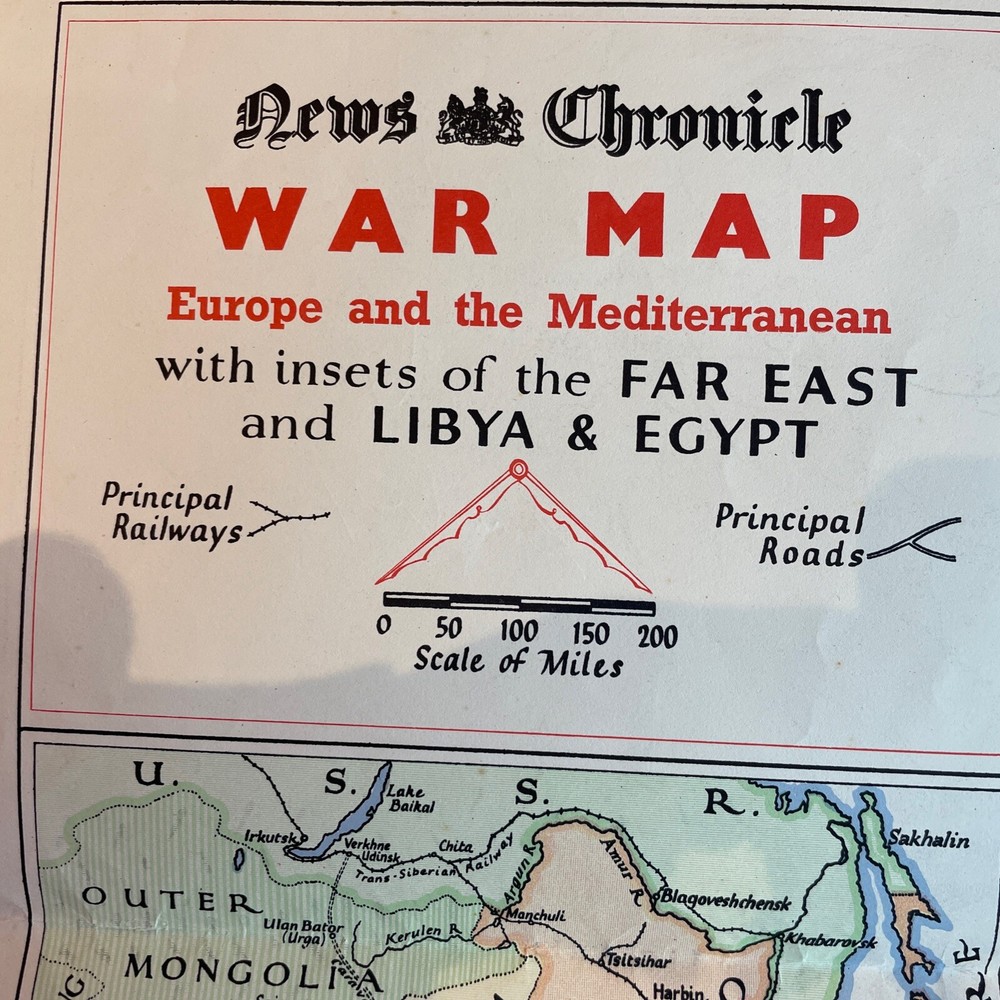 News Chronicle War Map Europe & Med with inserts of FAR EAST & LYBIA & EGYPT