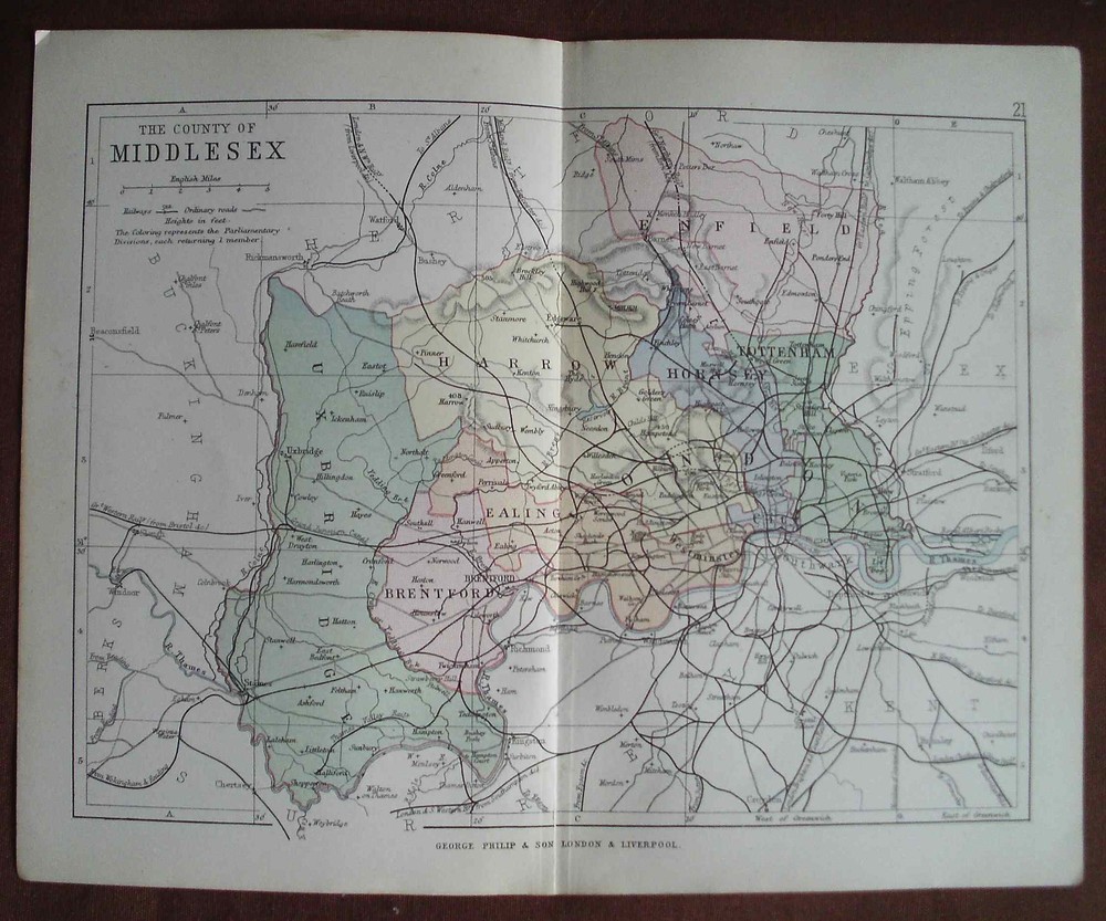 Antique colour county map Middlesex late Victorian George Philip – Railways