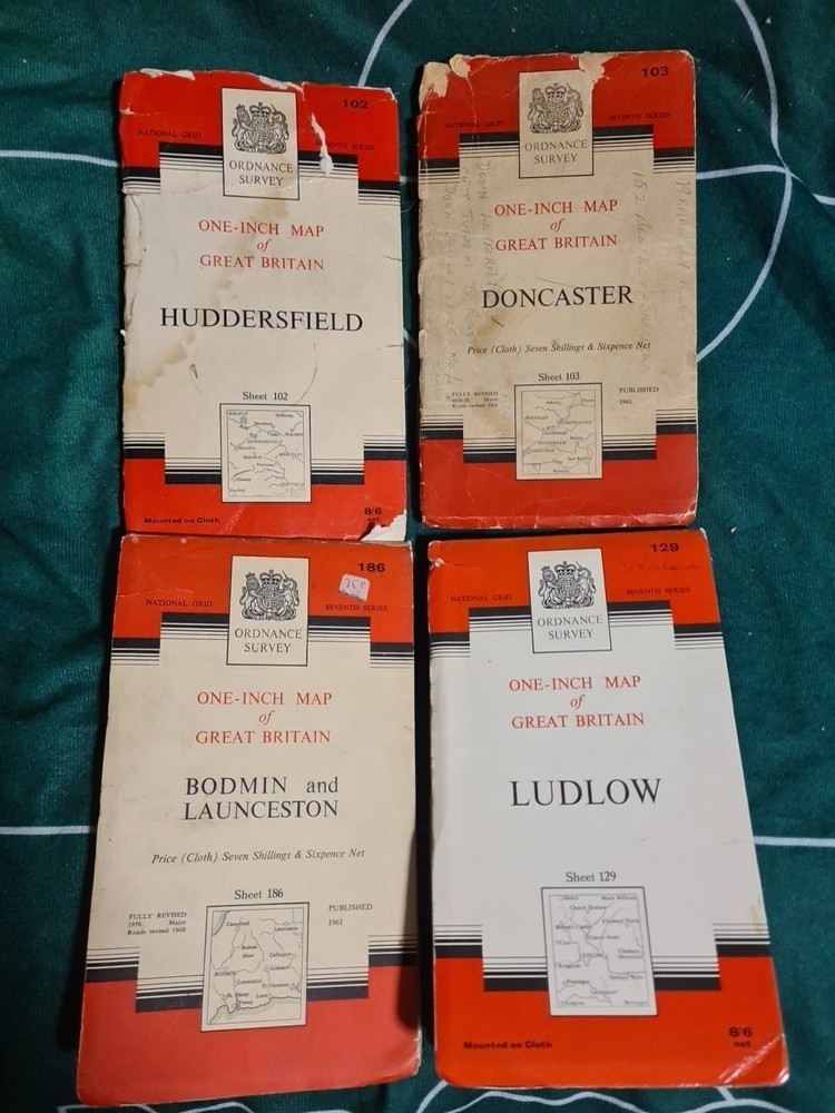 BARTHOLOMEW Half Inch Cloth Maps x4 1960s Huddersfield Doncaster Bodmin Ludlow
