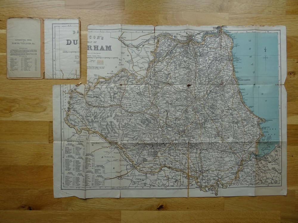 Durham – Old Folding County Map – by G W Bacon – Poor condition