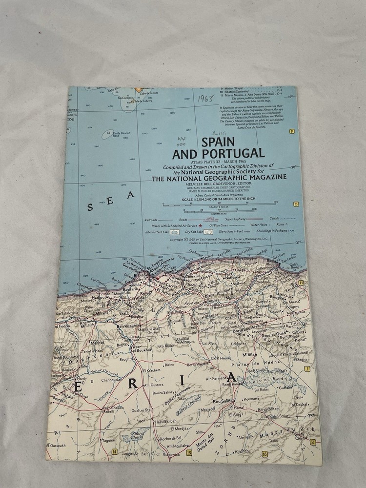 Vintage National Geographic Map Spain And Portugal March 1965