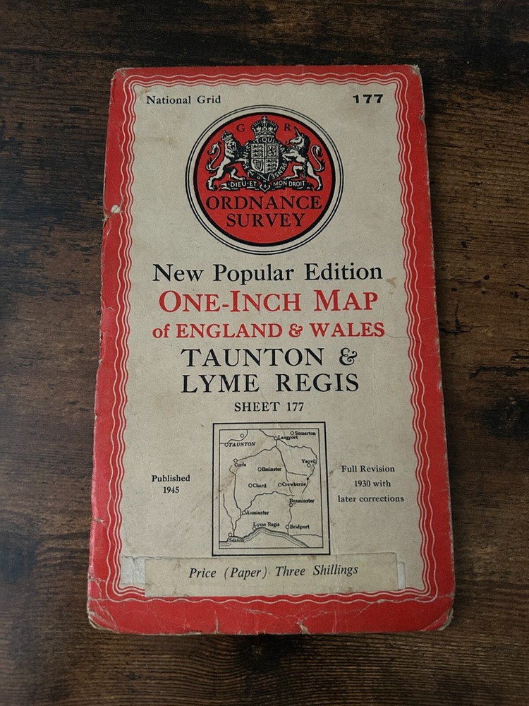 One Inch Ordnance Survey Map Sheet 177 TAUNTON & LYME REGIS 1945 – Paper Vintage