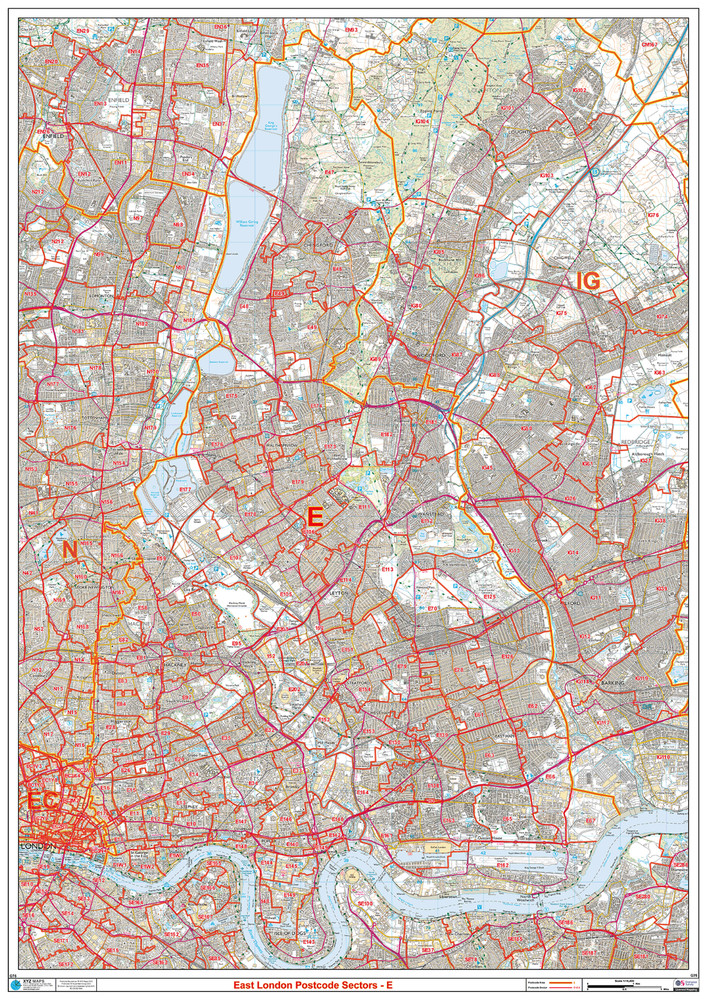 (G75) Map of East London E Postcode Sectors, Poster of East London Postcodes