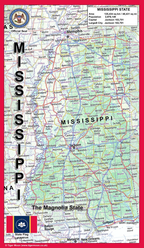 Mississippi USA Physical Map – Laminated 36.83cm x 63.5
