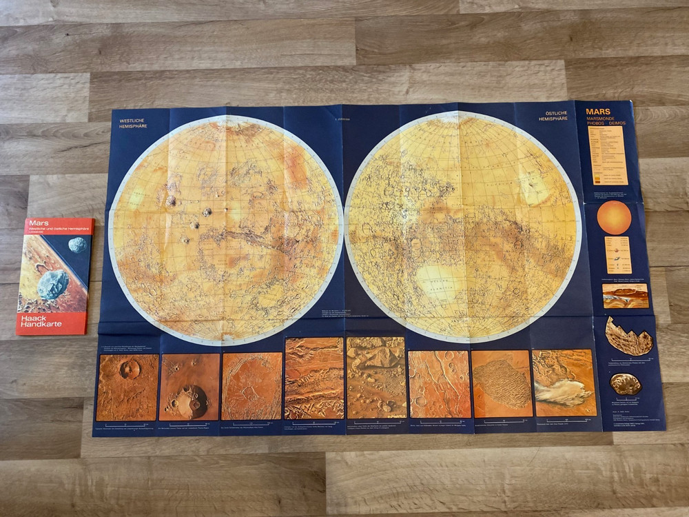 Large Map of Planet Mars West and East Hemispheres Haack Handkarte 1988