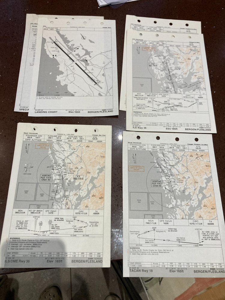 10 x RAF Flight Procedure Maps, BERGEN/FLESLAND, Mar 82, Fly Instructions, Civil
