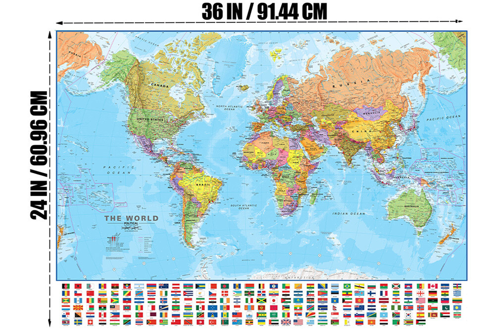 Map of the World Educational Map with Flags Poster Print Decor 2X3FT 1.5X 2.4FT