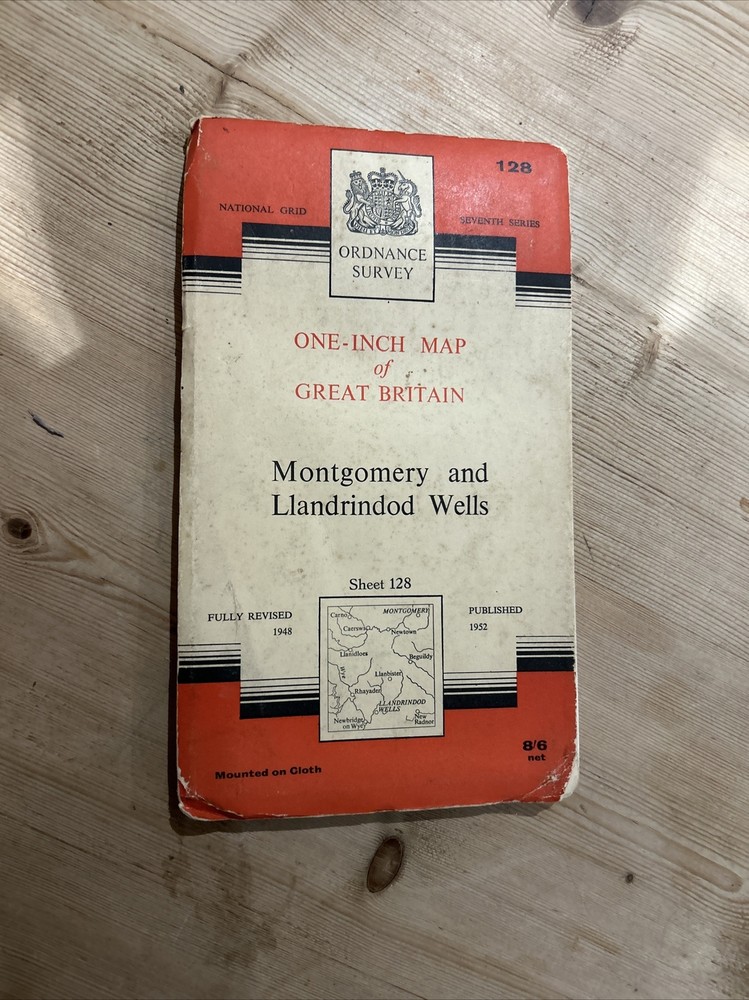 MONTHOMERY & LLANDRINDOD Ordnance Survey 7th Series CLOTH 1 In Map Sh 128 1952