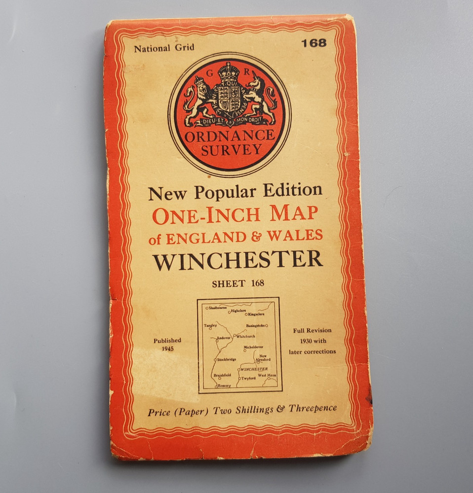 Winchester England Ordnance Survey #168 Map Hiking 1945 foldout Britain vintage