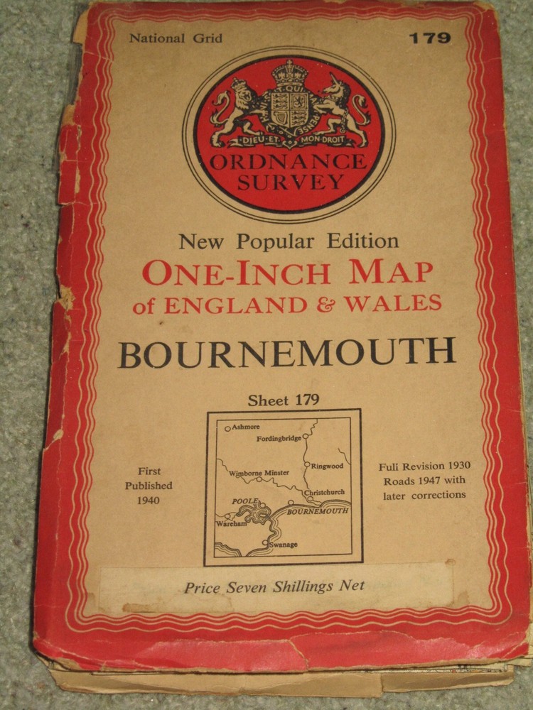 OS Ordnance Survey 1″ New Popular Edition 179 Bournemouth – 1947 on cloth