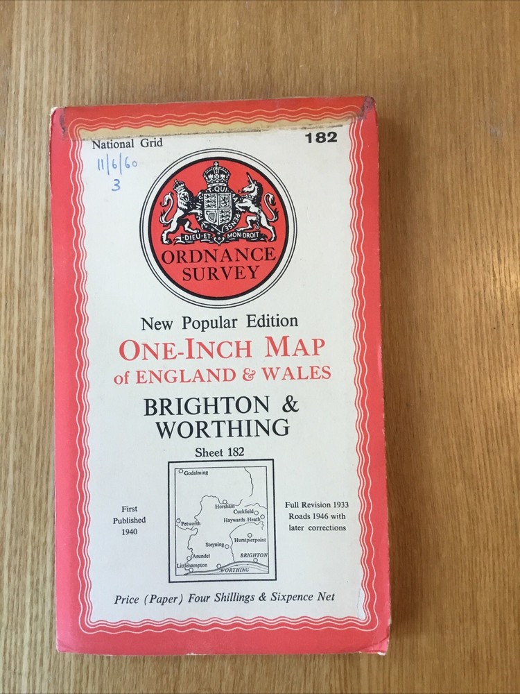 1946 Ordnance Survey One Inch Popular Edition Map 182 Brighton And Worthing