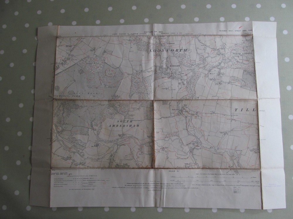 VINTAGE OS MAP OF LODSWORTH AREA SUSSEX 1913 EDITION – SIX INCHES TO ONE MILE