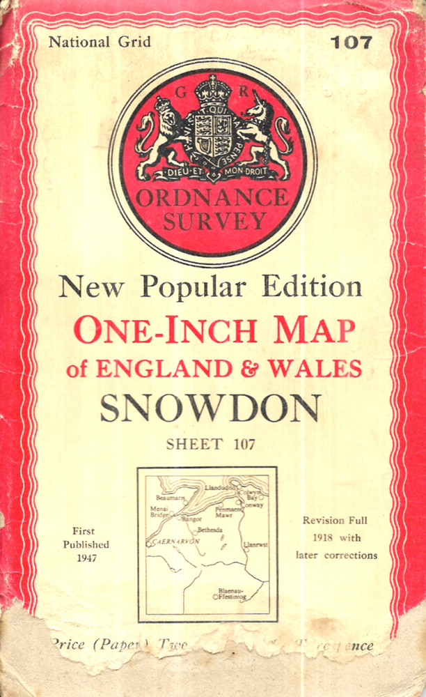 Ordnance Survey One Inch Map – New Popular Edition 107 SNOWDON – 1947 on paper