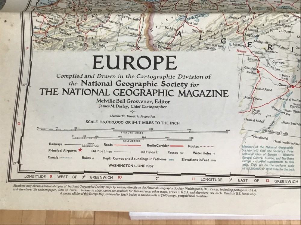LARGE 1957 NATIONAL GEOGRAPHIC SOCIETY, EUROPE FOLDED MAP