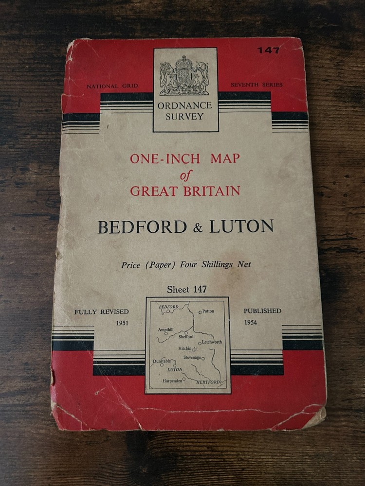 One Inch Ordnance Survey Map Sheet 147 BEDFORD & LUTON 1954 – Paper Vintage