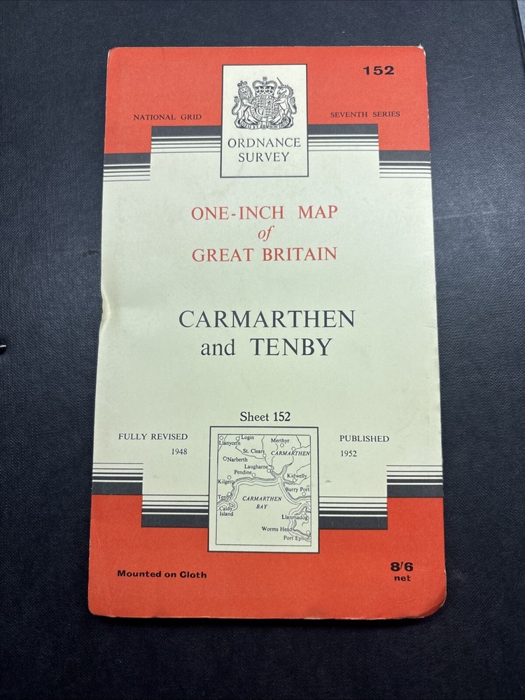 Vintage Ordnance Survey One Inch Map Cloth Mounted Carmarthen & Tenby 7th Series