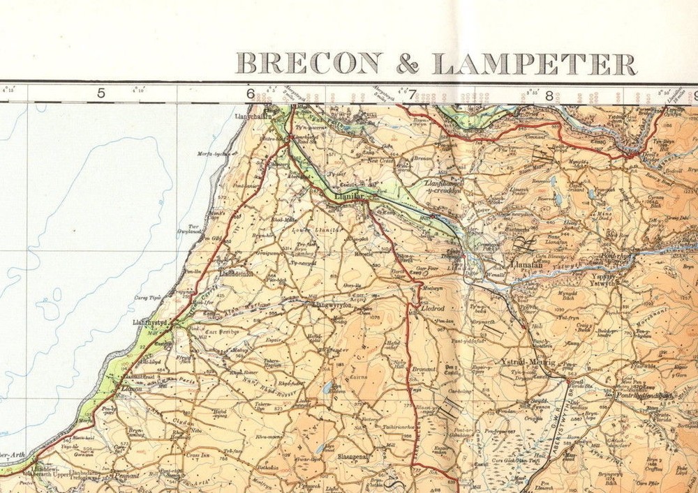 Ordnance Survey 2 miles to 1 inch original antique map Brecon & Lampeter 1913