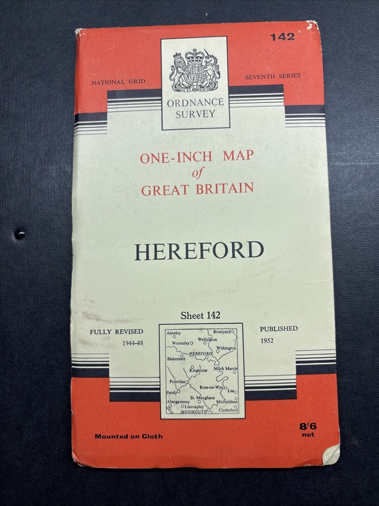 Vintage Ordnance Survey Map 7th series One Inch Cloth Mounted Hereford 1952