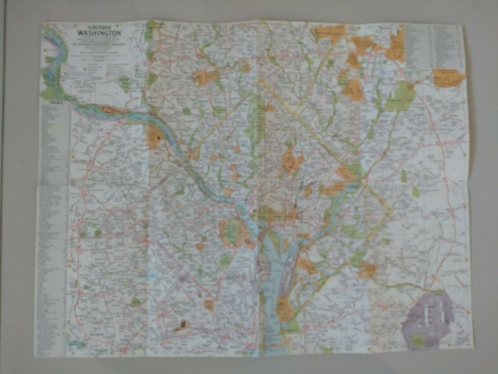 National Geographic Map, Suburban Washington, 1964 Folding Paper Map.