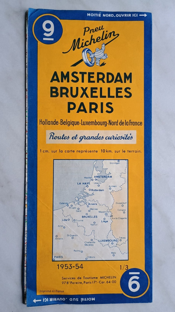 Vintage Michelin Map 1953-1954 Amsterdam Bruxelles Paris No.9 – 1:100000