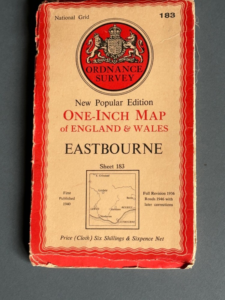 Vintage Ordnance Survey One Inch Cloth Map, of Eastbourne, no 183, 1940….