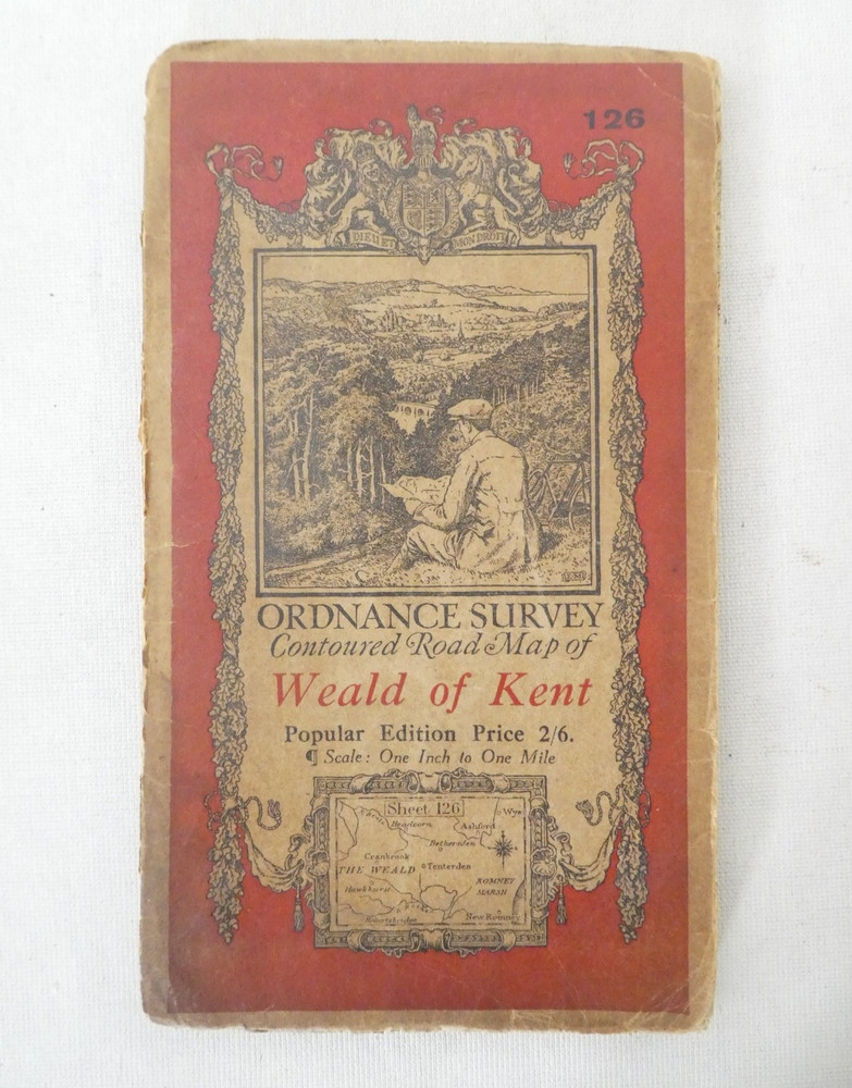 Antique Ordnance Survey 1m:1in Sheet Map on Linen No.126 Weald of Kent 1921