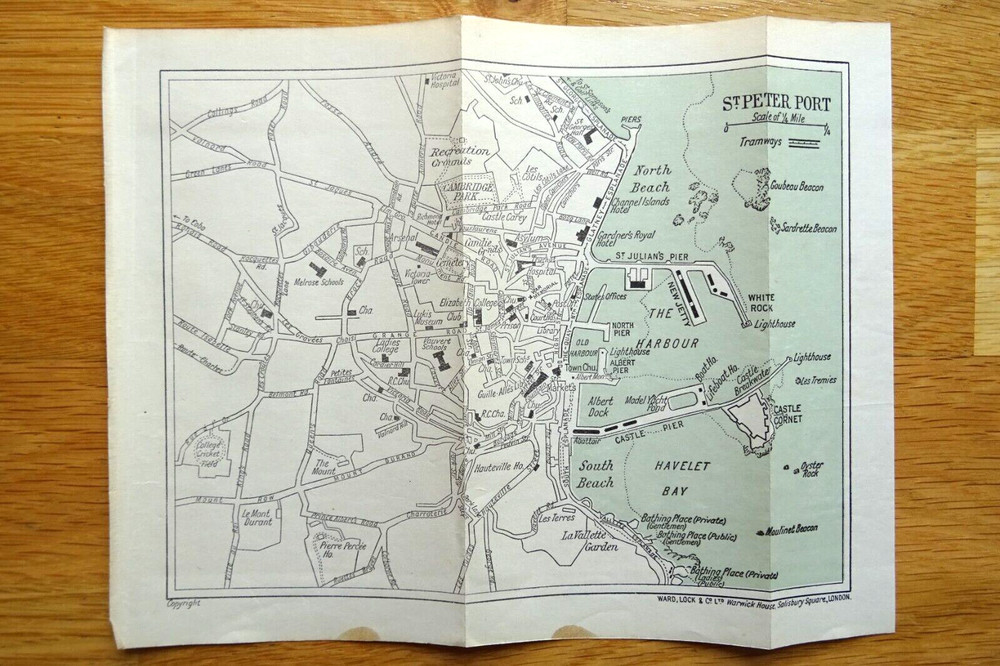 1930s St Peter Port Map – Guernsey – folded paper map from old guide book