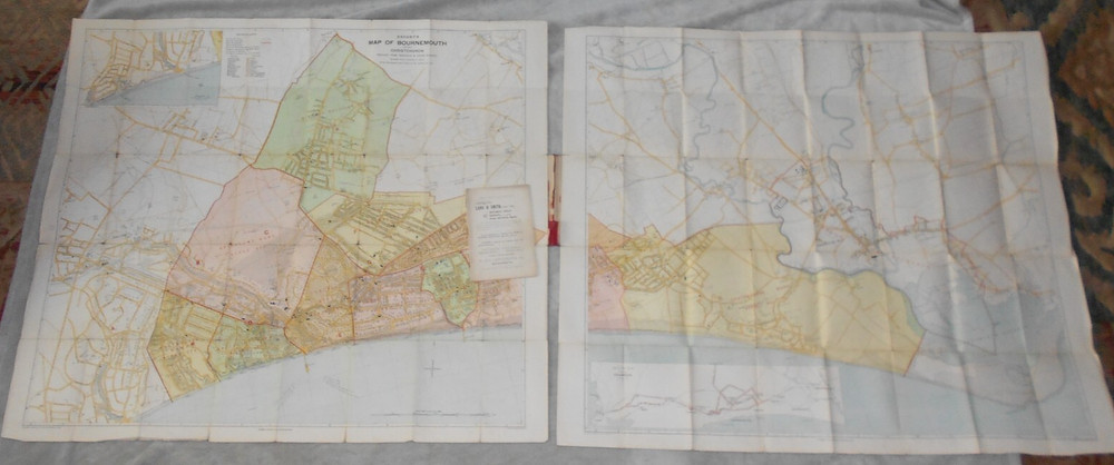 BRIGHT’S MAP OF BOURNEMOUTH WITH MAP OF CHRISTCHURCH 1903. ON LINEN 96 x 83 cms