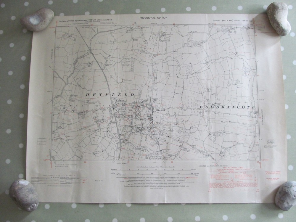 VINTAGE OS MAP OF HENFIELD AREA SUSSEX 1951 SIX INCHES – ONE MILE