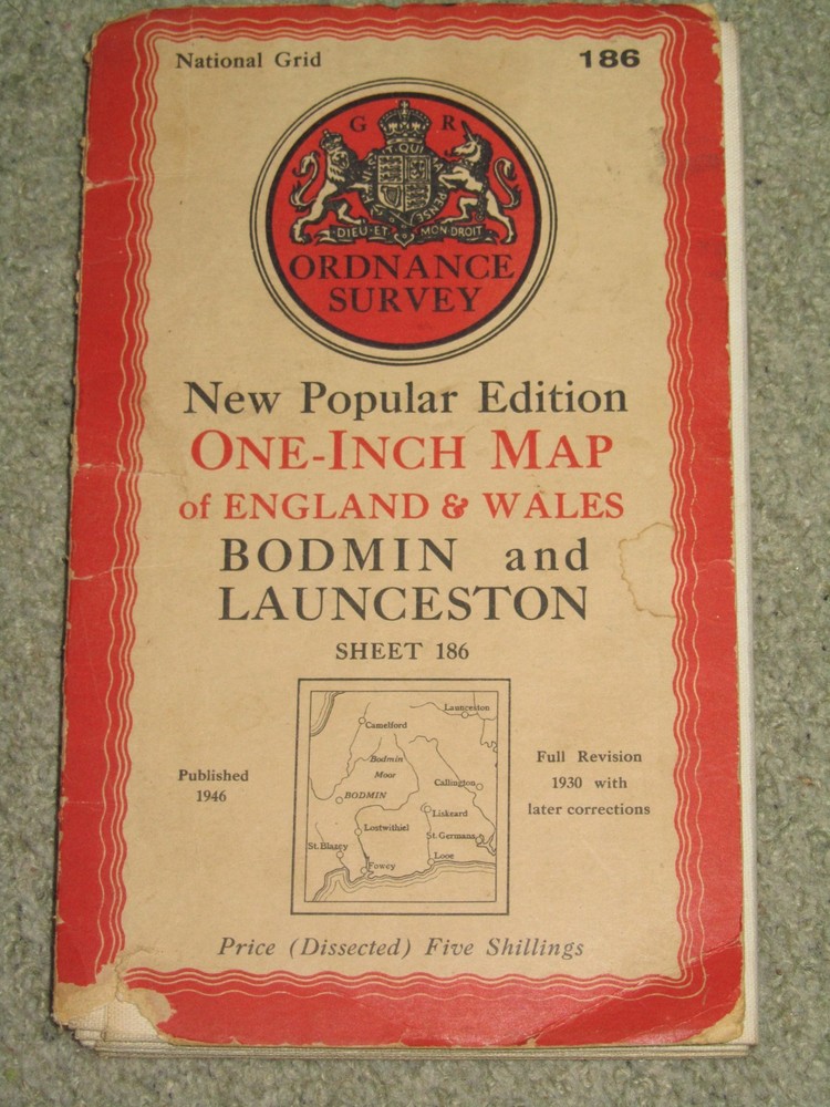 OS Ordnance Survey 1″ New Popular Edition 186 Bodmin & Launceston; 1946 on cloth