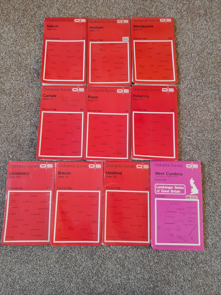 10 x OS MAPS RED ONE INCH SHEETS 69,76,77,90,91,92,140,141,142, 89 LANDRANGER.