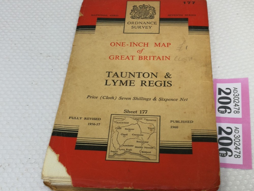 OS Ordnance Survey One Inch Cloth Map, of Taunton & Lyme Regis , Sheet 177 1957
