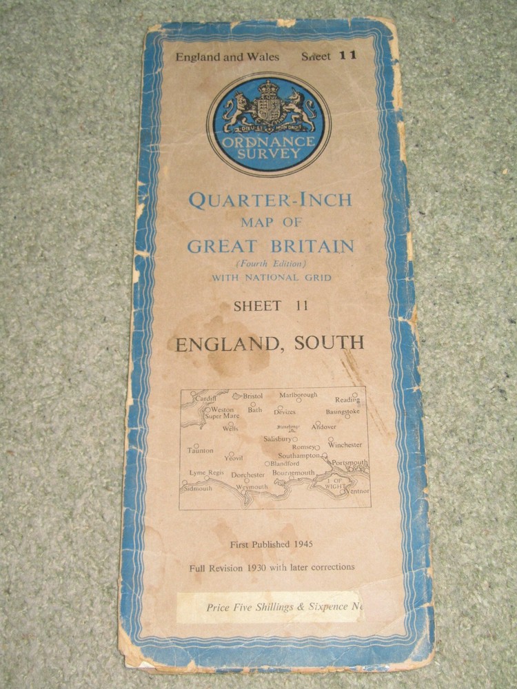 Ordnance Survey Fourth Edition 1/4″ map: sheet 11 England, South – 1946 paper