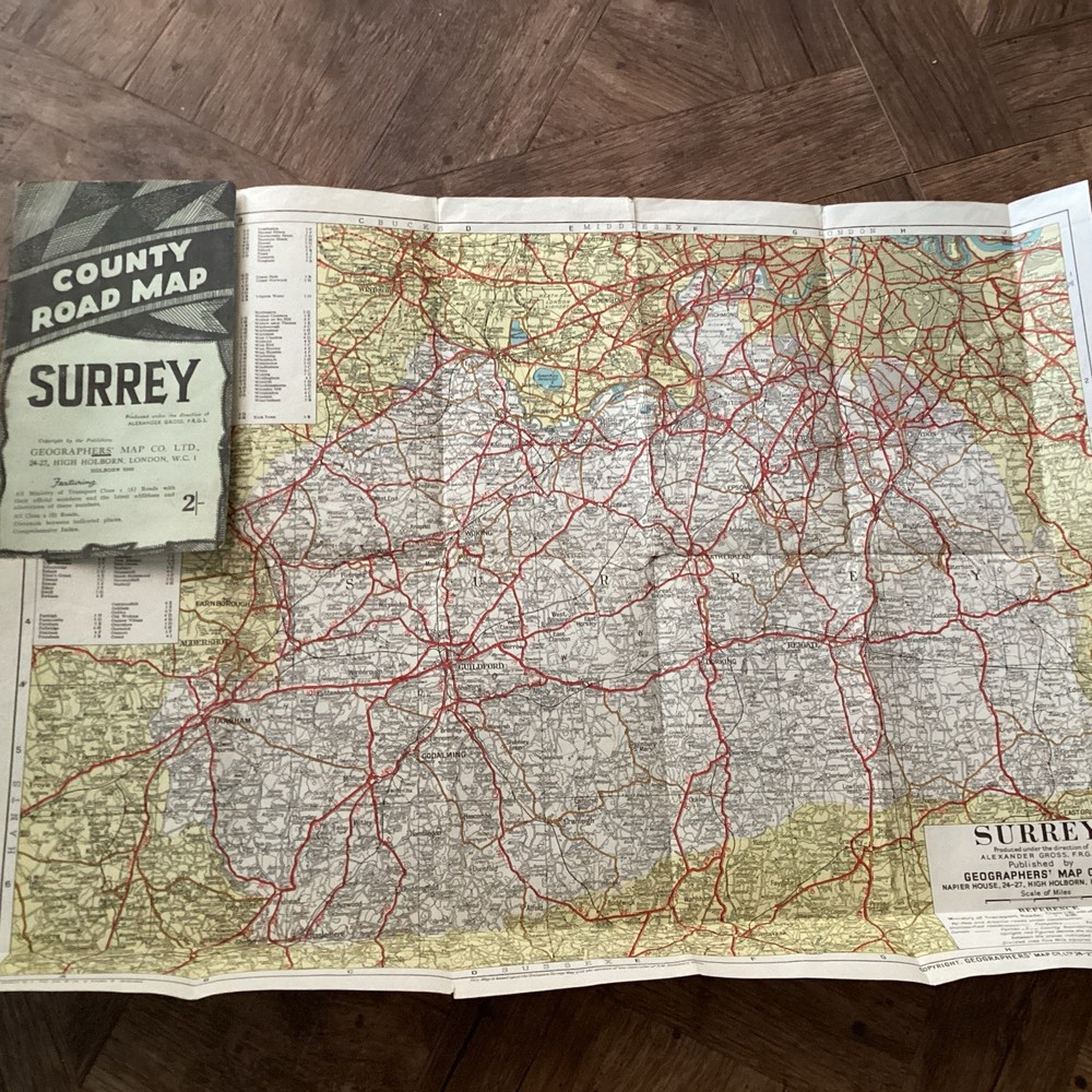 Vintage Surrey County Road Map in Colour – Geographers Map