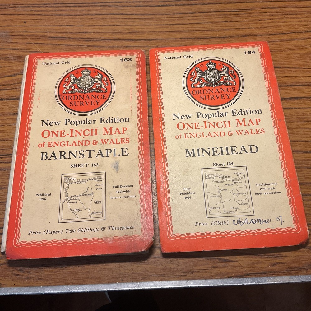 2 Ordnance Survey 1″ New Popular Edition 1946 Maps 163 & 164 Barnstaple Minehead