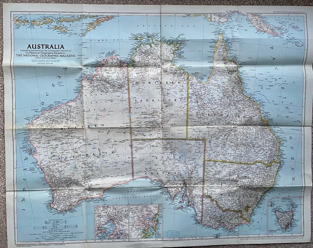 National Geographic Magazine, Folded Sheet Paper Map, Australia, 1948