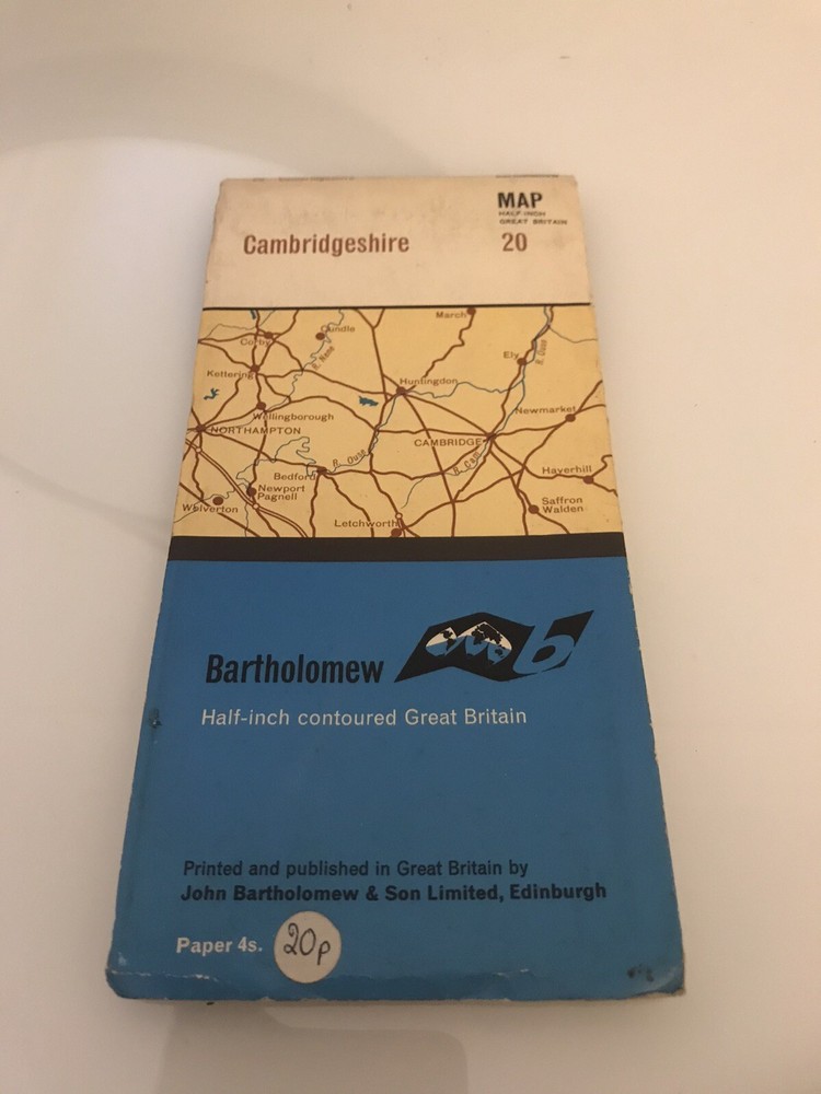 Vintage 1969 Bartholomew half inch contour map 20 Cambridgeshire
