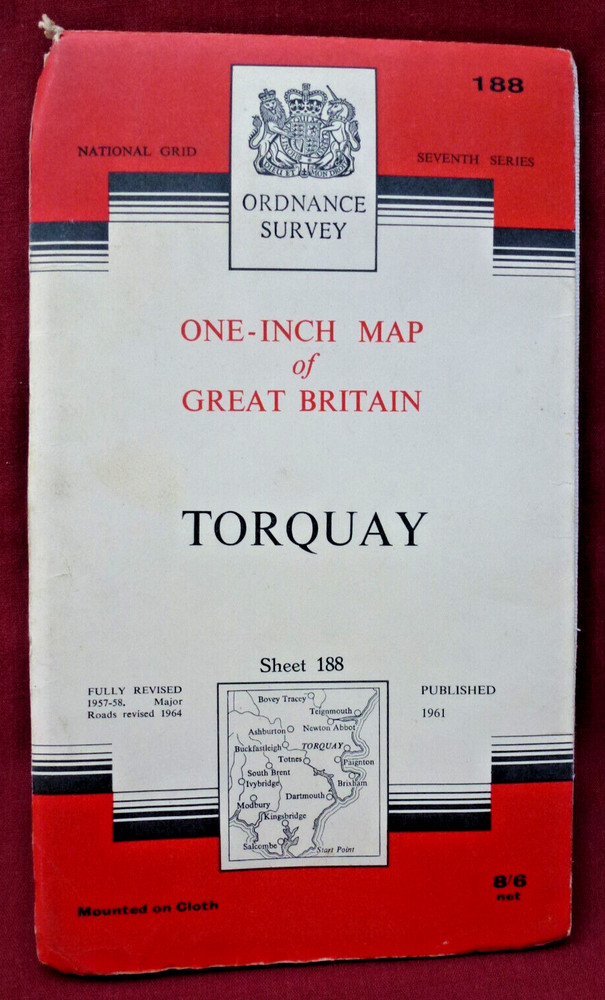 VINTAGE ORDNANCE SURVEY ONE-INCH CLOTH MAP – TORQUAY – SHEET 188, 1961