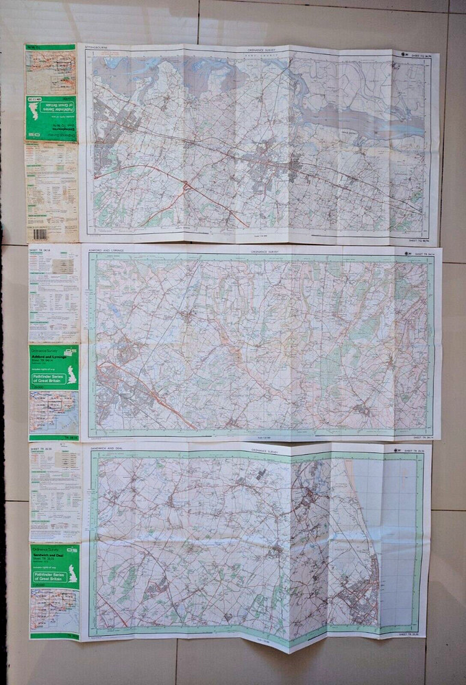 OS Pathfinder Maps x 3 Kent. Ashford & Lyminge Sandwich & Deal Sittingbourne