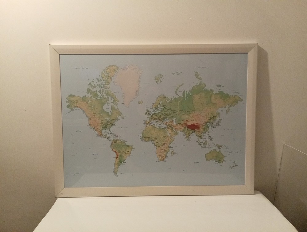 World Map Large Wooden Framed Sealed Print 80×60 Cm Wall Art Blue Green Vintage
