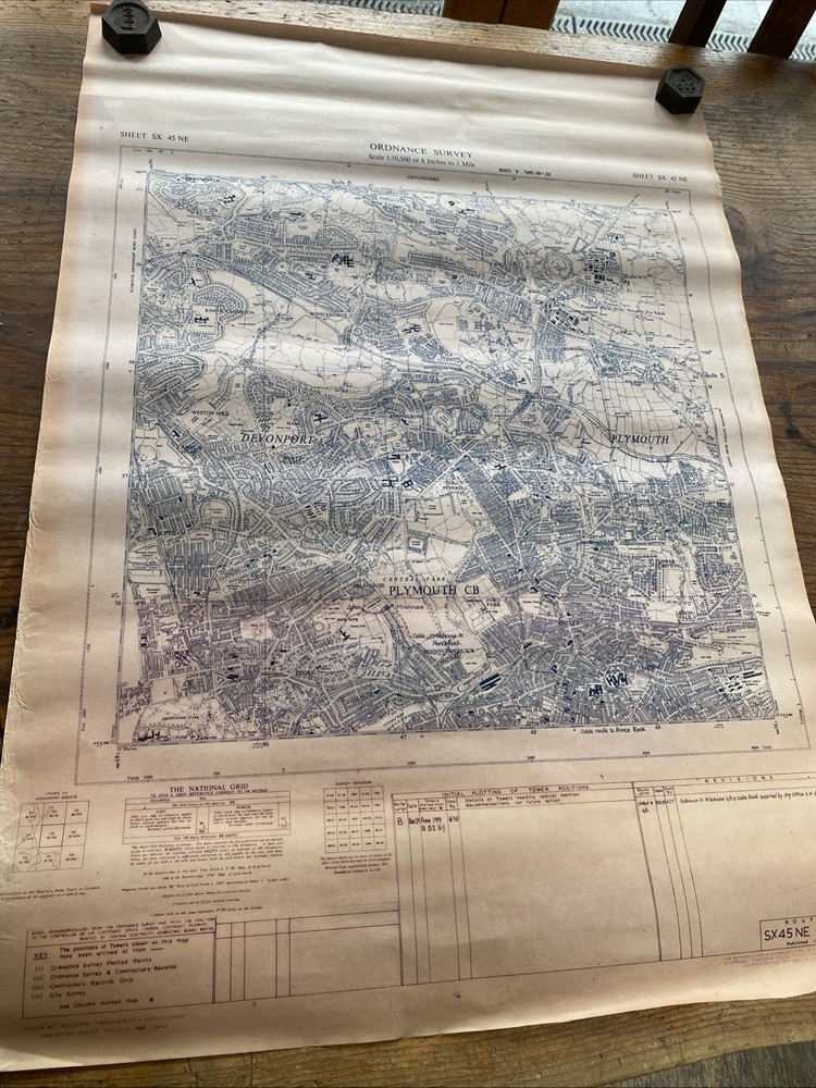 Vintage 1957 OS Large Scale National Grid Map Of Plymouth & Devonport