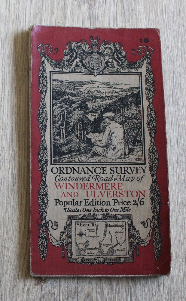 1925 Ordnance Survey Contoured Road Map WINDERMERE ULVERSTON 1 inch Popular Ed